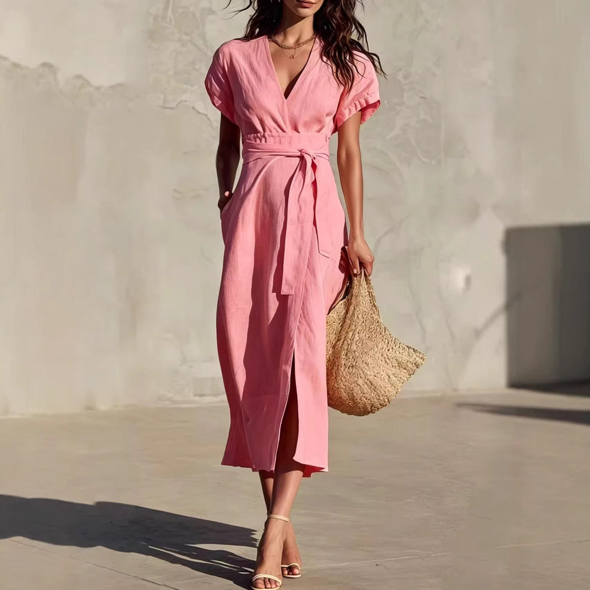 Casual Minimalist Solid-color V-neck Midi Dress with Pockets and Lacing