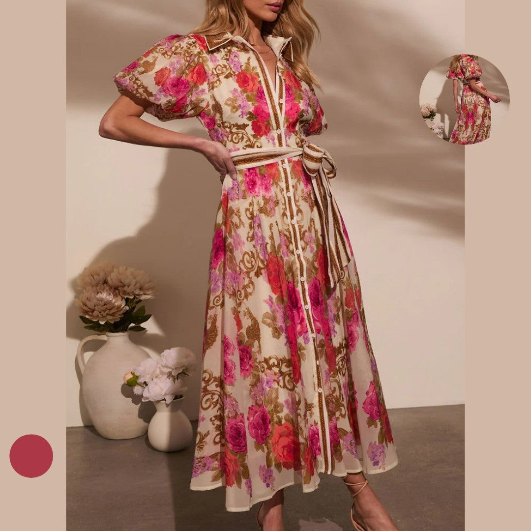 French-style Satin Long Dress with a Rose Print and Button Detailing
