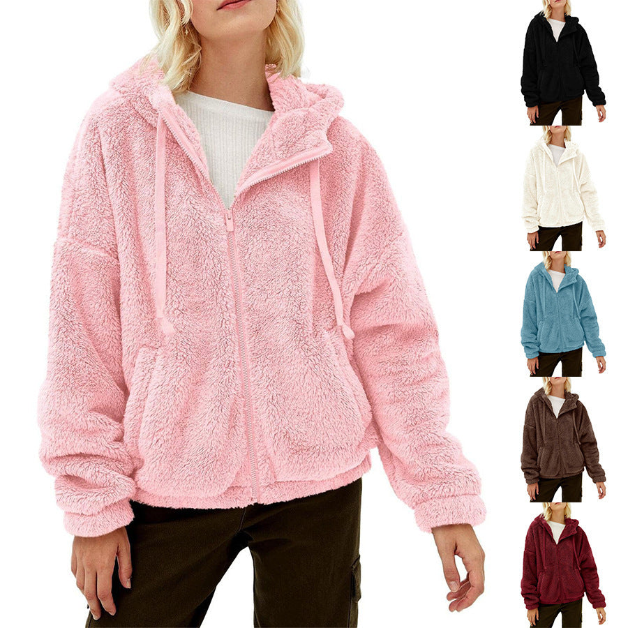 Casual And Comfortable Hooded Loose Zip Plush Pocket Sweatshirt