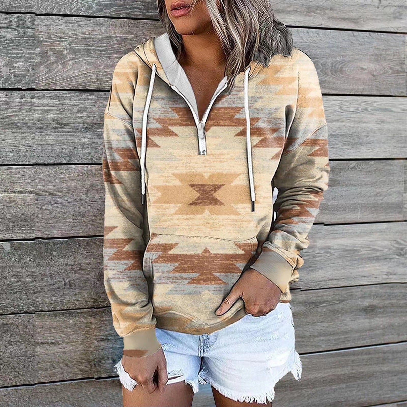 Ethnic Tribal Geometric Print Zip Hoodie