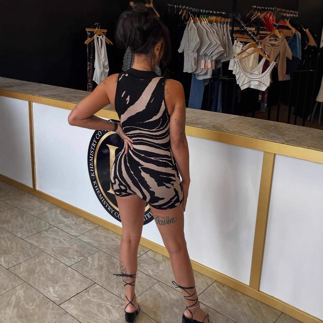 Trendy Half-Zip Striped Romper with Collar