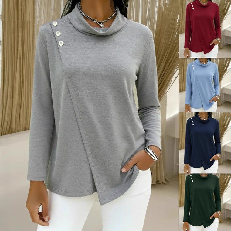 Slim-Fit Asymmetric Mock Turtleneck Long Sleeve Top – Solid Colors