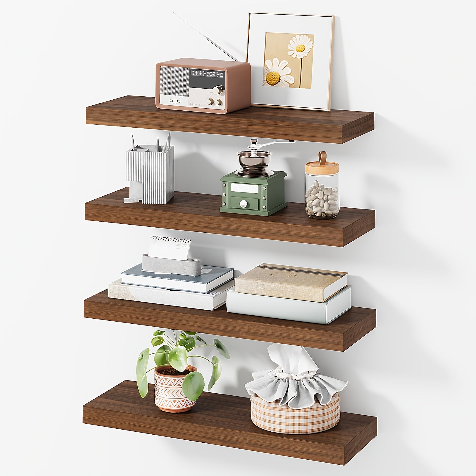 Rustic floating wall shelves with invisible brackets in brown or black finish