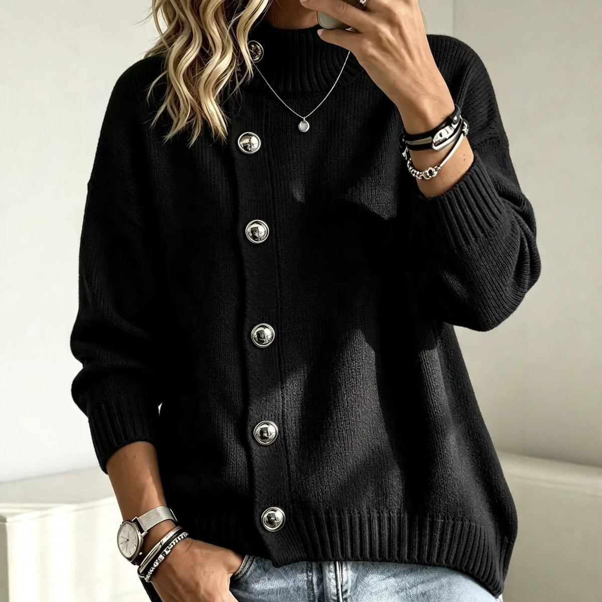 Womens Loose-fit Turtleneck Sweater with Metal Buttons