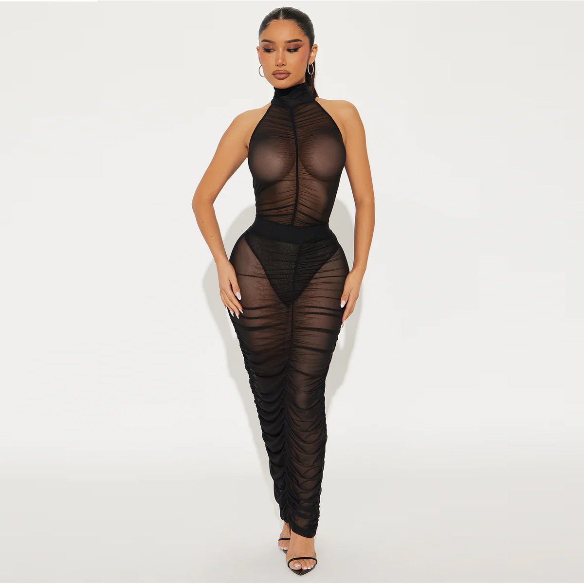Sexy Mesh Sleeveless Leotard & Pleated Skirt Two-Piece Set