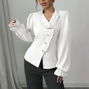 Women's Elegant French Asymmetrical Button-down Collar Ruffle Long Sleeve Blouse