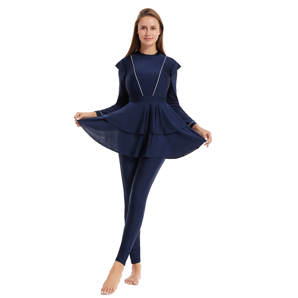 Modest Striped Three-Piece Conservative Swimsuit