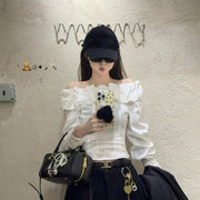 Womens SpringAutumn Long-Sleeve Shirt With A White Bud-Shape Collar And A Boat Neckline