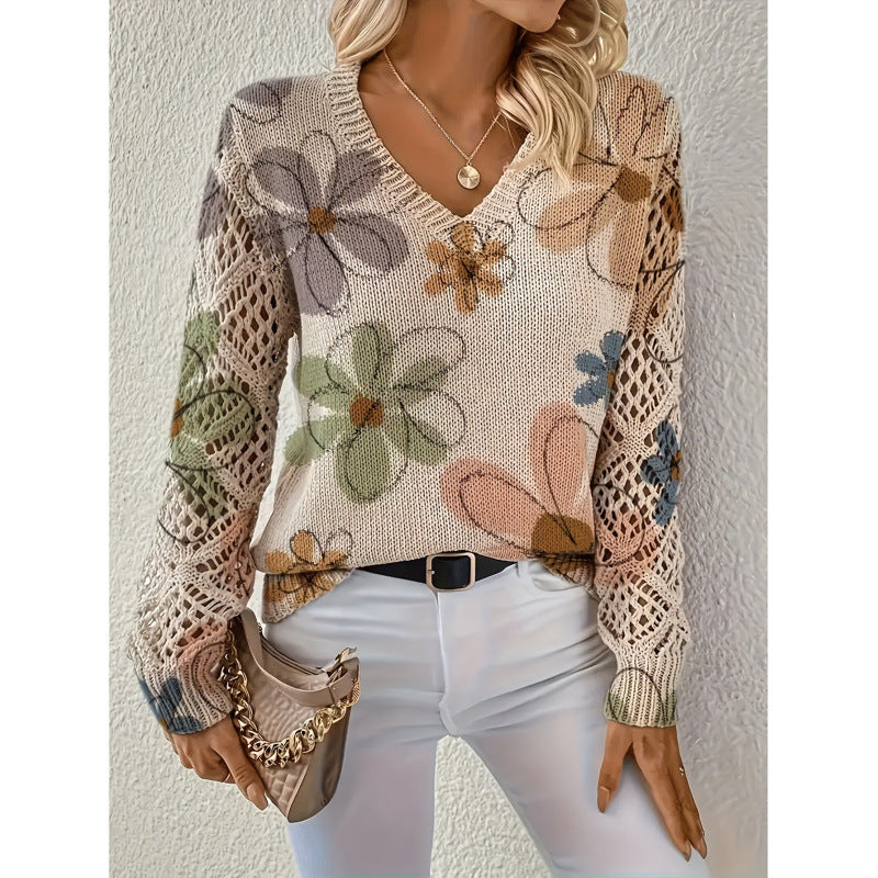 Elegant Bohemian Floral V-neck Long-sleeve Top