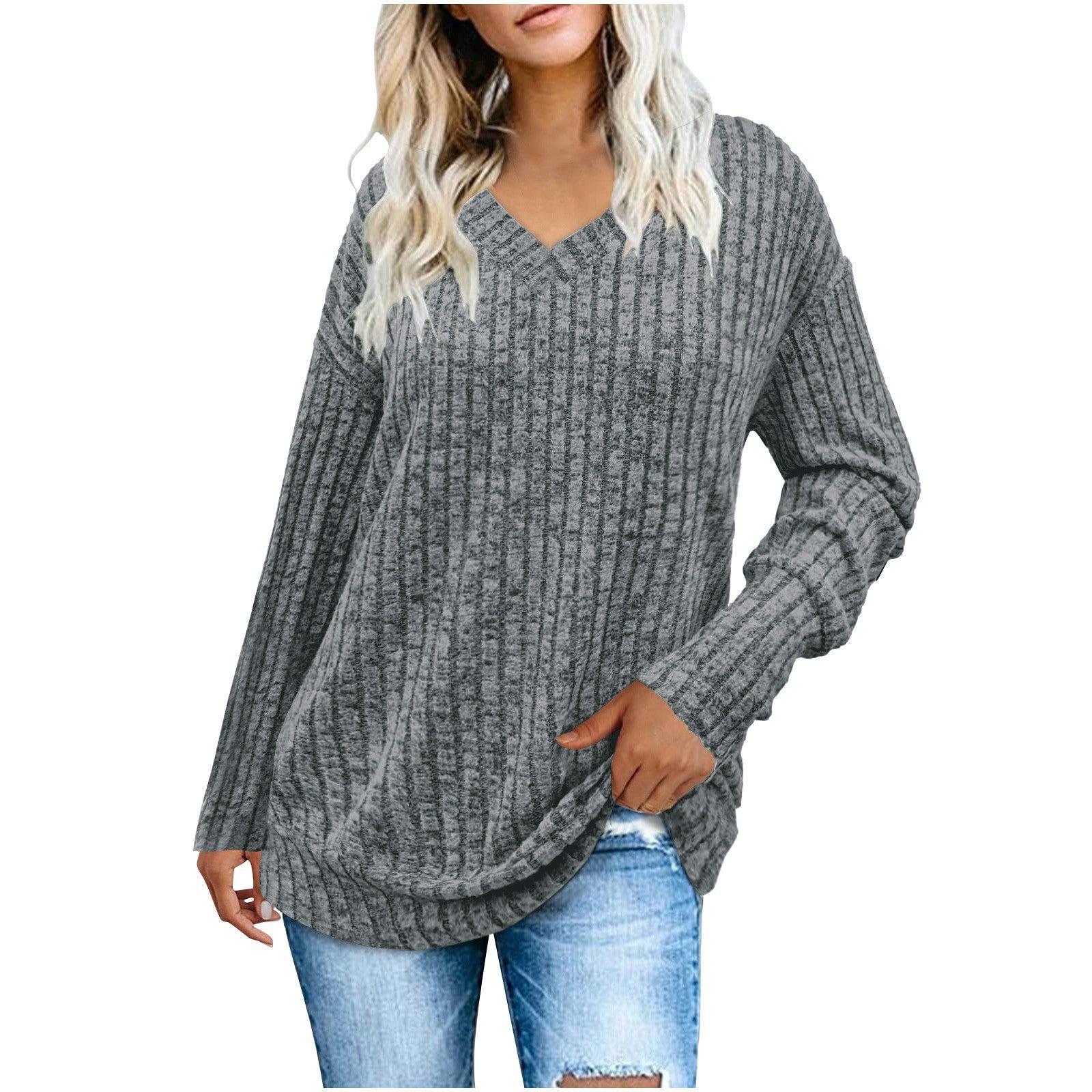 V-Neck Long Sleeve Brushed Stripe Tee