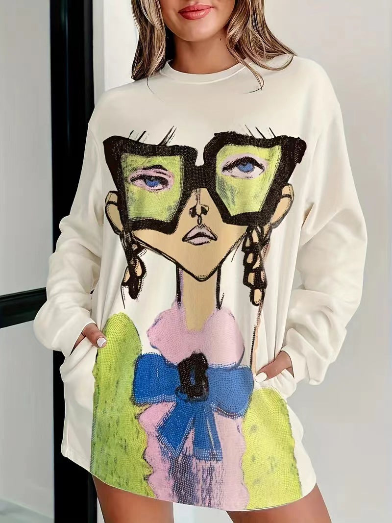 Women's Stylish Loose Cartoon Print Long Sleeve Sweater