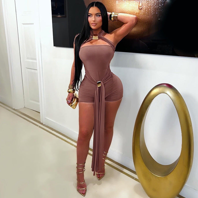 Women's Cross-Neck Backless Jumpsuit with Metal Buckles