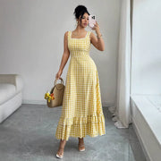 Womens Retro Plaid Lace-up Sleeveless Dress