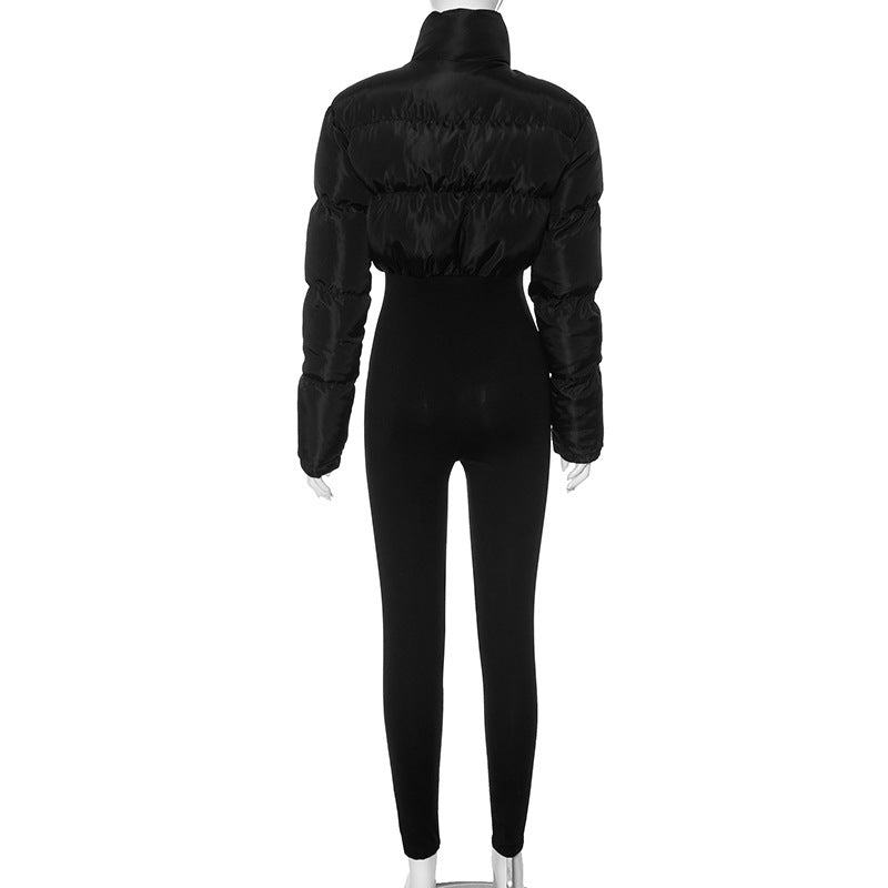 Thermal Stretchy Solid Color Zipper One-Piece Bodysuit Pants