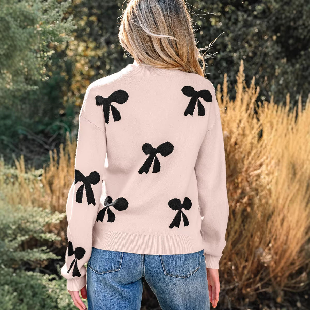 Women's Printed Crew-neck Beaded Sweater