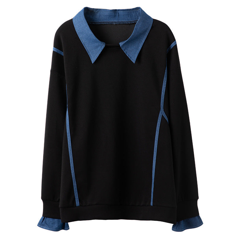 Denim Patchwork Contrast Lapel Sweater