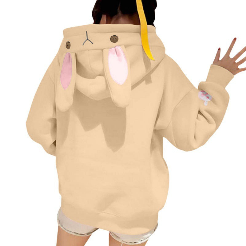 Cute Bunny Ear Embroidered Pocket Fleece Hoodie for Women