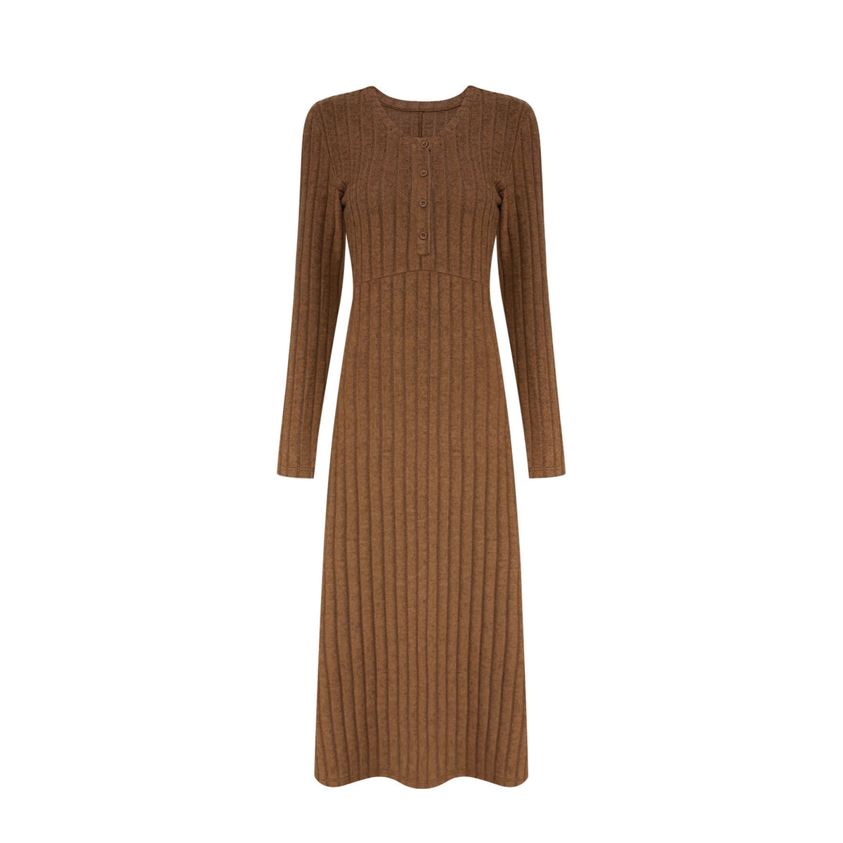 Ribbed Knit V-Neck Half-Button Maxi Dress
