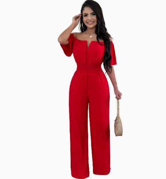 Chic Off-Shoulder Waist-Trimming Straight Jumpsuit