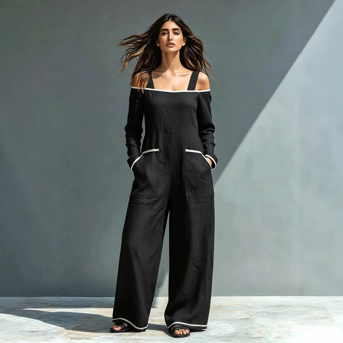 Summer Womens Fashionable Minimalist Long-Sleeve Casual Jumpsuit