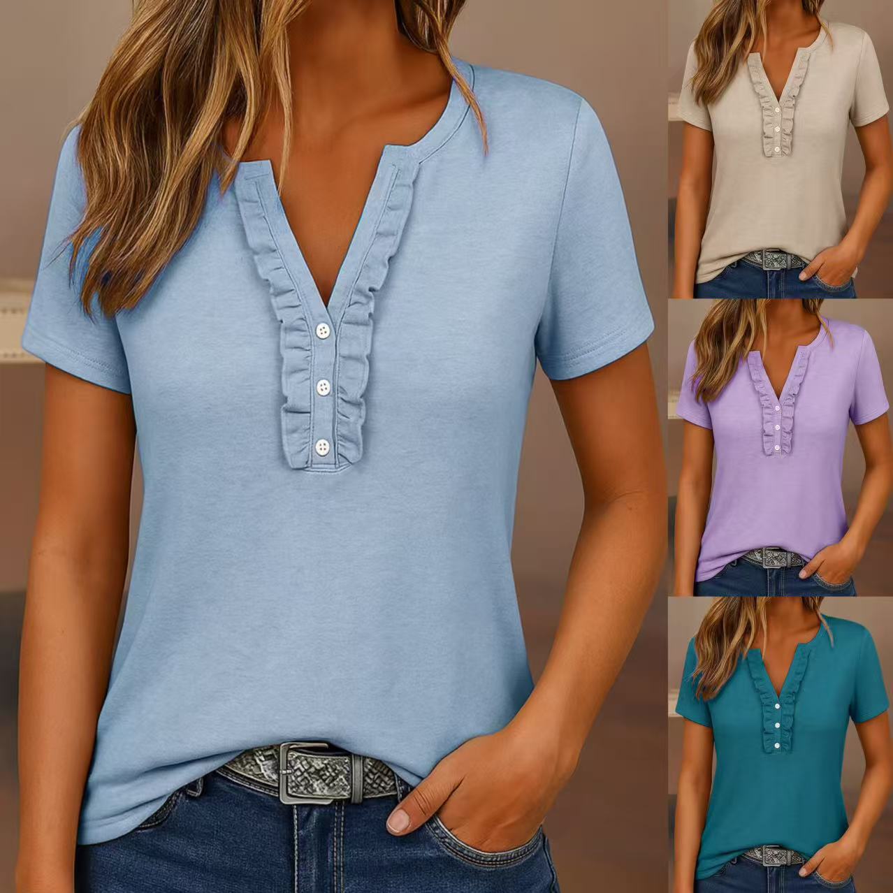 Relaxed V‑Neck Short‑Sleeve Pullover with Button Detail – Solid