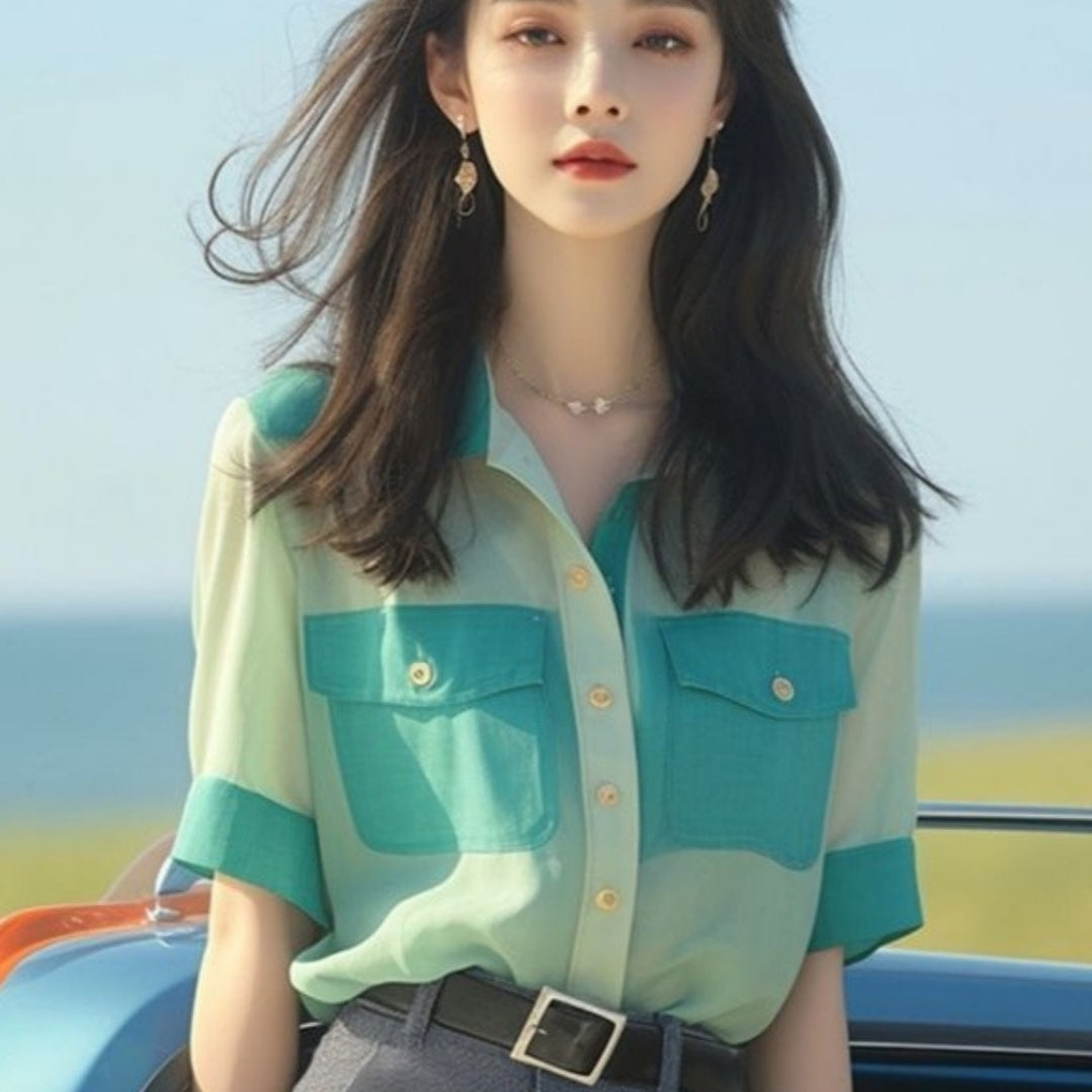 Green Chiffon French Button Top – Light, Elegant & Casual
