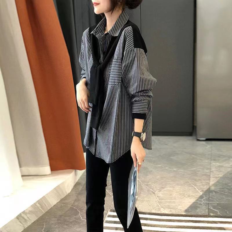 Women's All-match Loose Black And Gray Striped Top Shirt