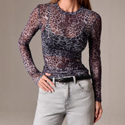Leopard Print Mesh Long‑Sleeve Crew Neck Top – Slim Fit, Multicolor
