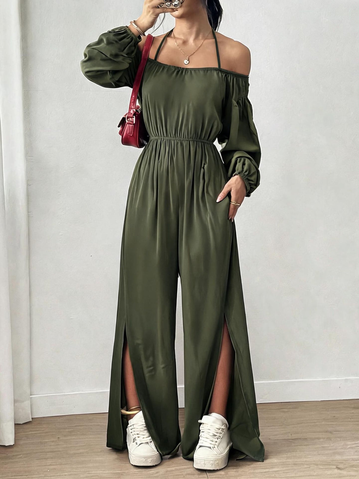 Women's Casual Strapless Slit Wide-Leg Jumpsuit