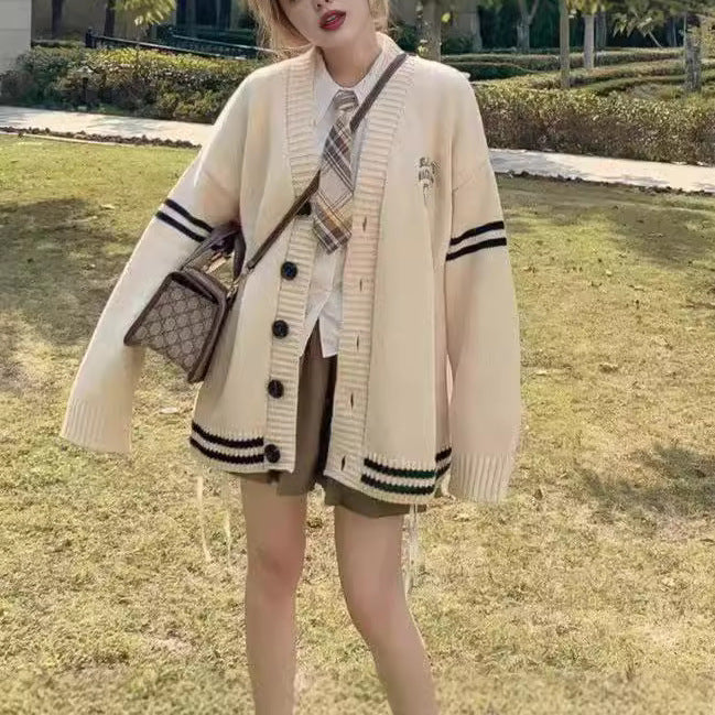 Korean-style V-neck Color-block Striped Elegant Sweater