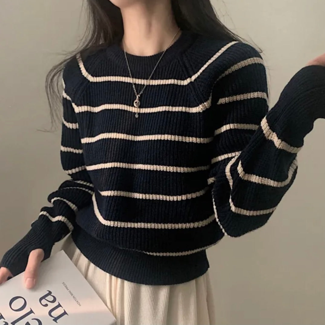 Autumn and Winter Contrast Color Striped Crew Neck Pullover Sweater