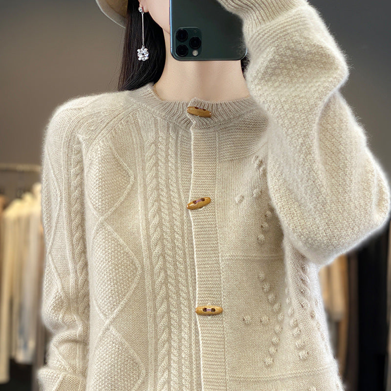 Pure Wool Cardigan Women Loose Crew Neck Coat