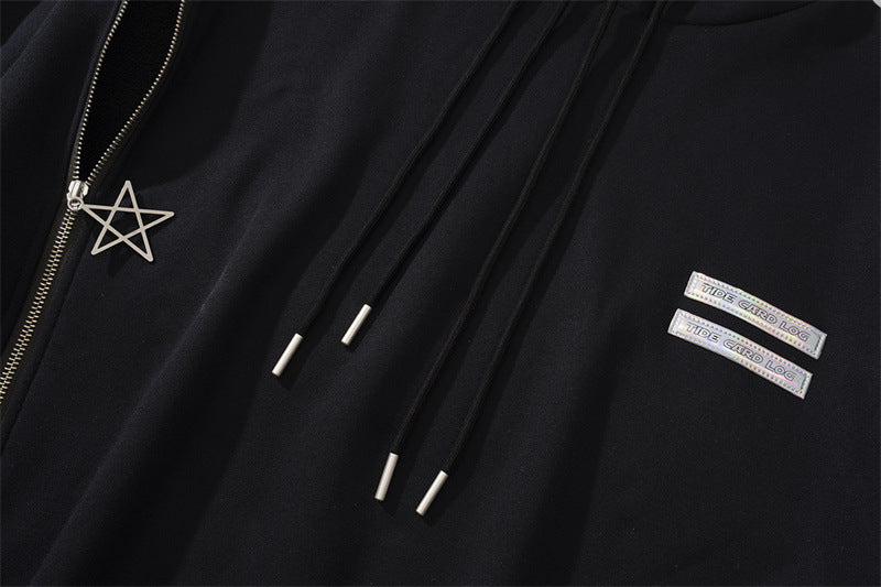 Retro Fleece Zip Hoodie with Drawstring & Pockets