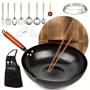 1 Set Cast Iron Wok with Lid & 13 Accessories - 12.6-Inch Nonstick Frying Pan, Flat Bottom Carbon Steel Cookware for All Stoves, Induction Compatible, Even Heat Distribution, Sturdy Handle & Lid - ...