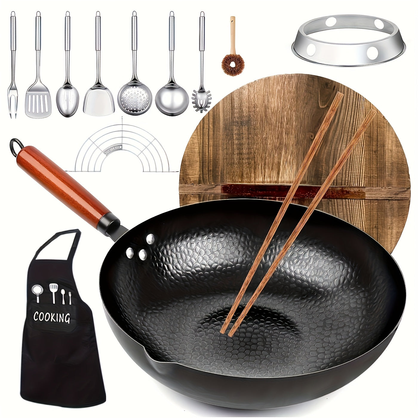 1 Set Cast Iron Wok with Lid & 13 Accessories