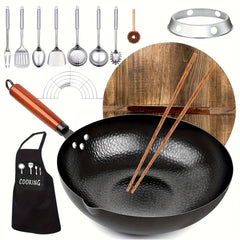 Cast Iron Wok Set with Lid and 13 Cooking Accessories