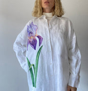 Three-dimensional Hand Crochet Knitted White Flower Printed Cotton And Linen Shirt