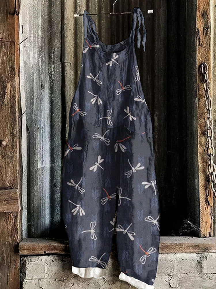 Vintage Sweet Print Loose Suspender Pants for Women