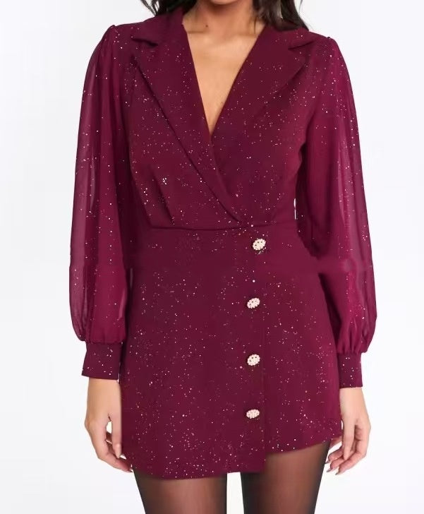 Sequin V-Neck Lantern-Sleeve Jumpsuit