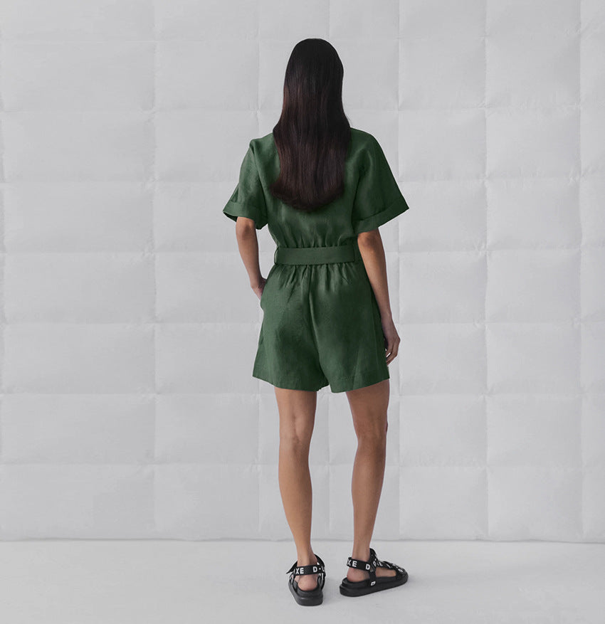 Women's Retro Lapel Wide-Leg Romper with Lace-Up Waist