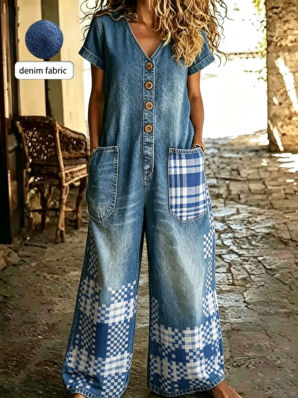 Casual Denim Short-Sleeve Wide-Leg Jumpsuit with Pockets