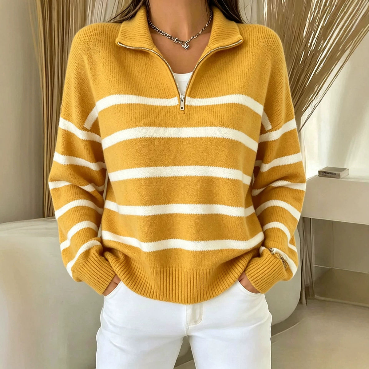 Womens Color-block Sweater with a Half-chain-link Pattern