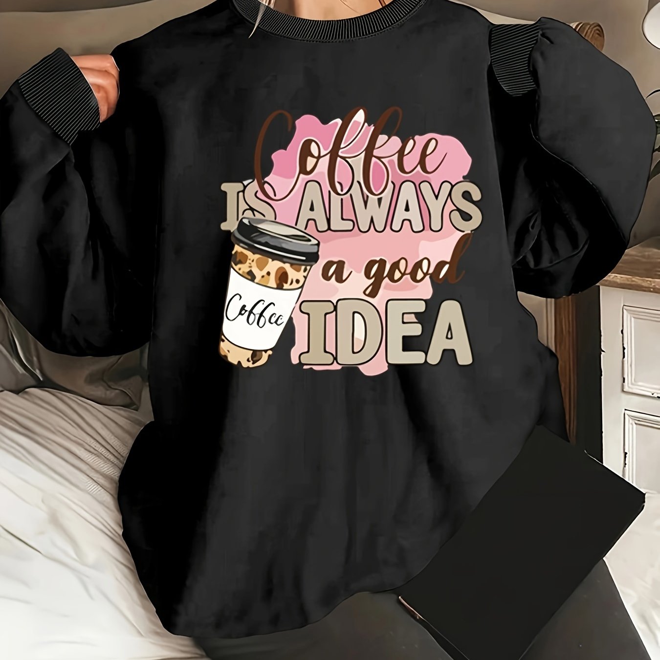 Plus Size Women's Coffee Cup Print Round Neck Sweatshirt