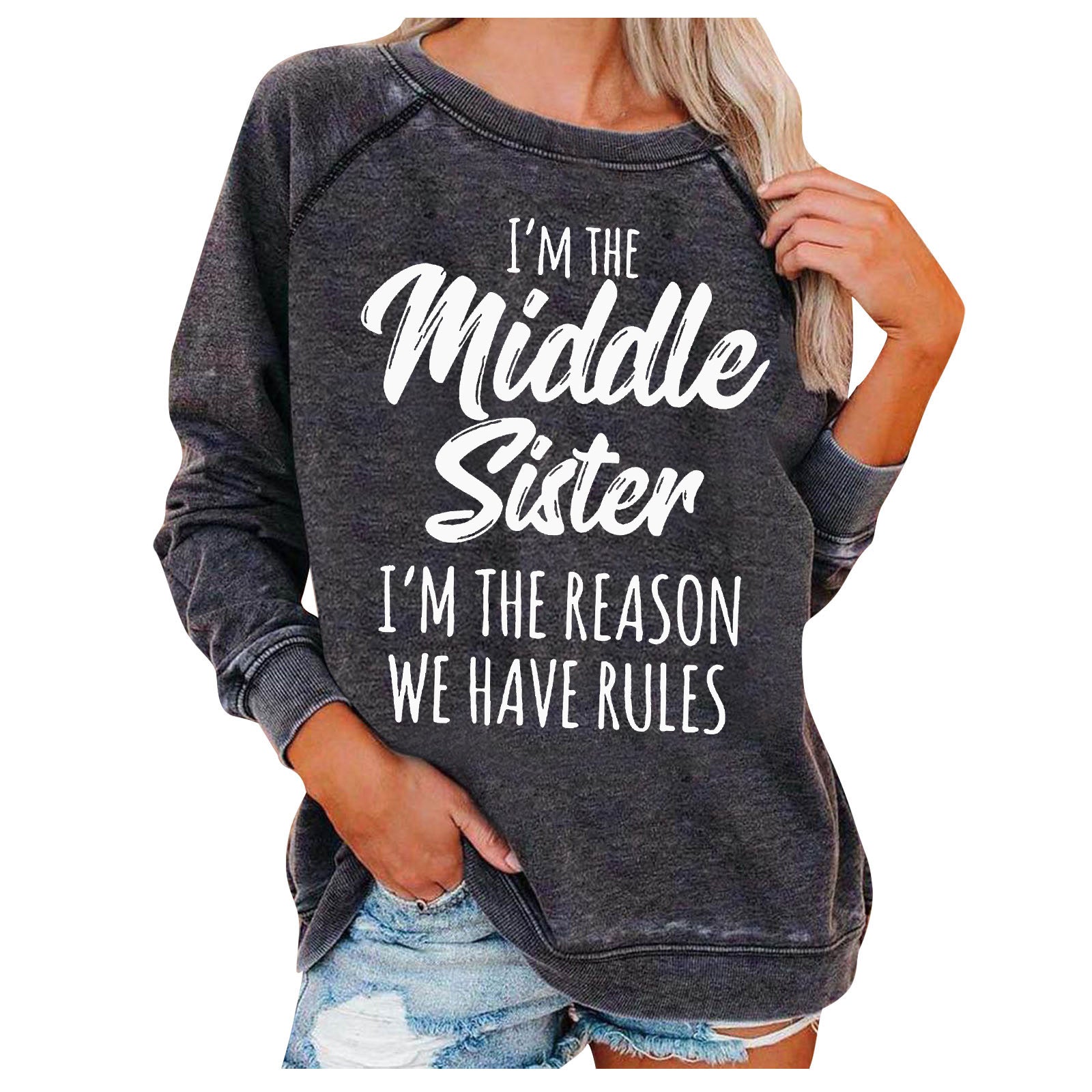 Middle Sister Print Casual Round Neck Pullover Sweater