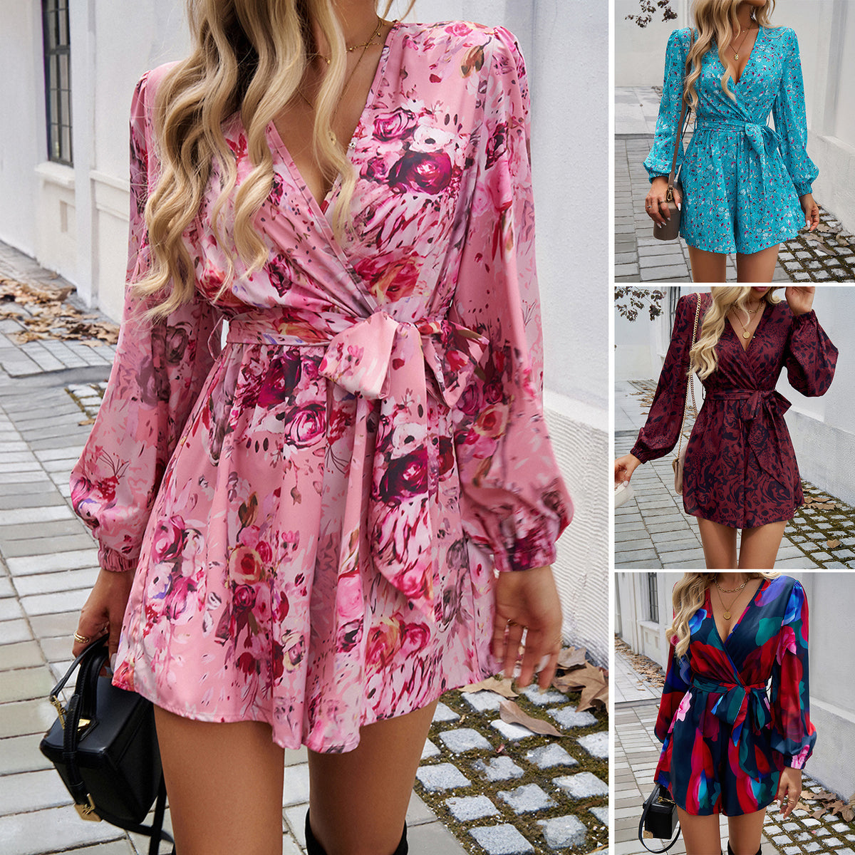 Chic Color-Block Long Sleeve High-Waist Casual Jumpsuit