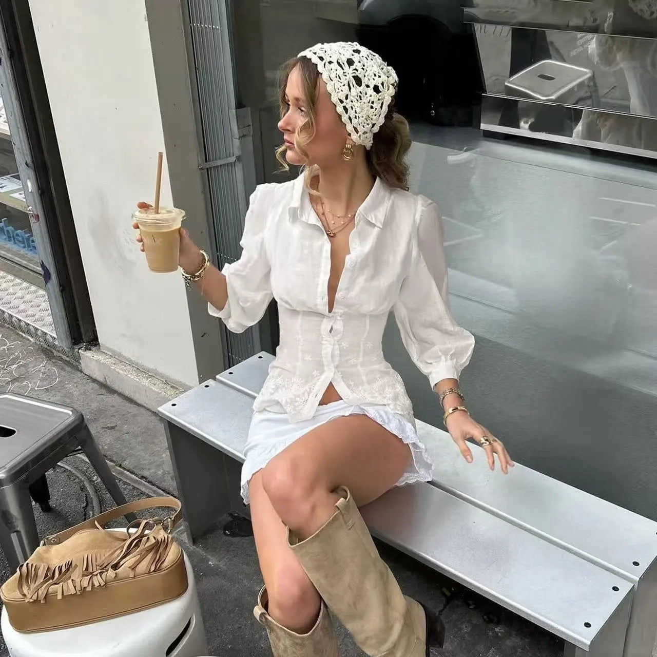 White Embroidered Shirt Chic Crop Top That Slims The Waist Slim-Fit Lapel Design With Button Closure