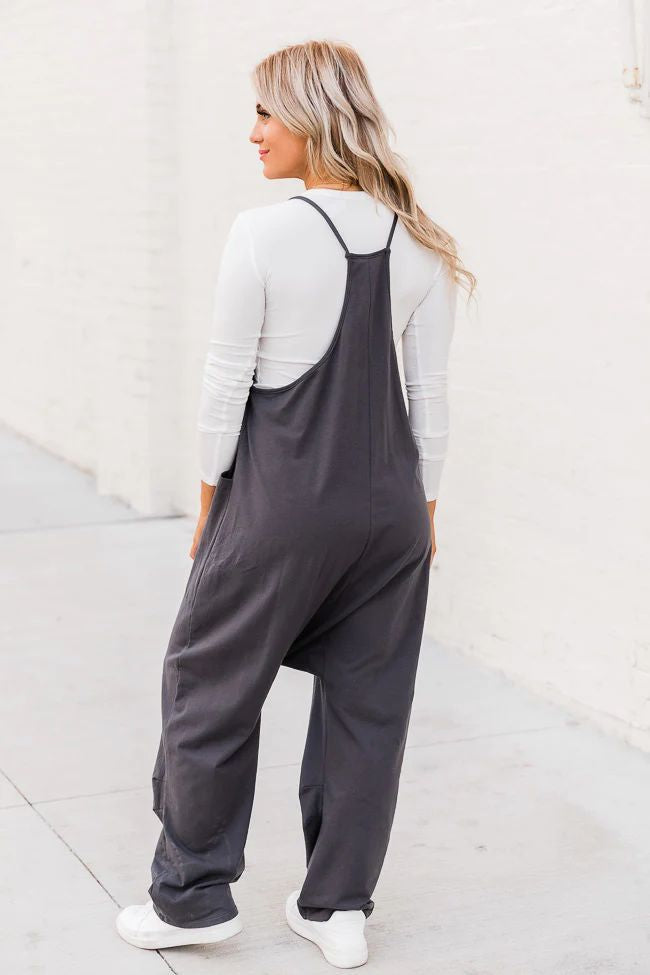 Women's Loose Solid Color Suspender Overalls with Pockets