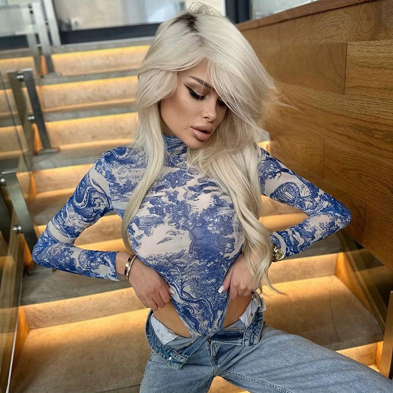 Painted Print Mesh Long Sleeve Jumpsuit Slim Fit