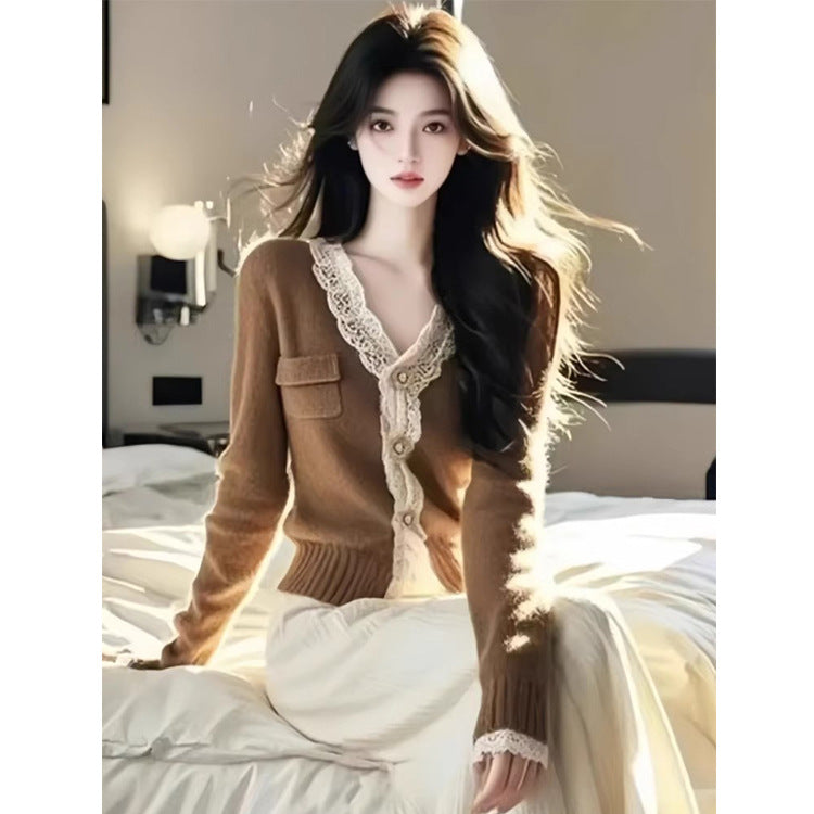 Maillard Brown Lace-trimmed V-neck Knitted Cardigan Sweater
