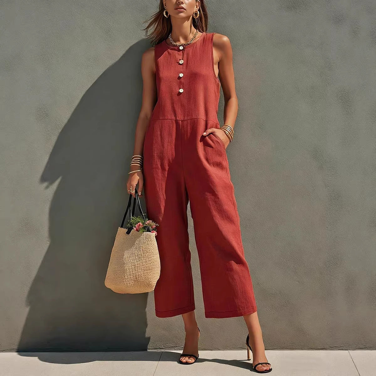 Elegant Sleeveless Wide-Leg Button Jumpsuit